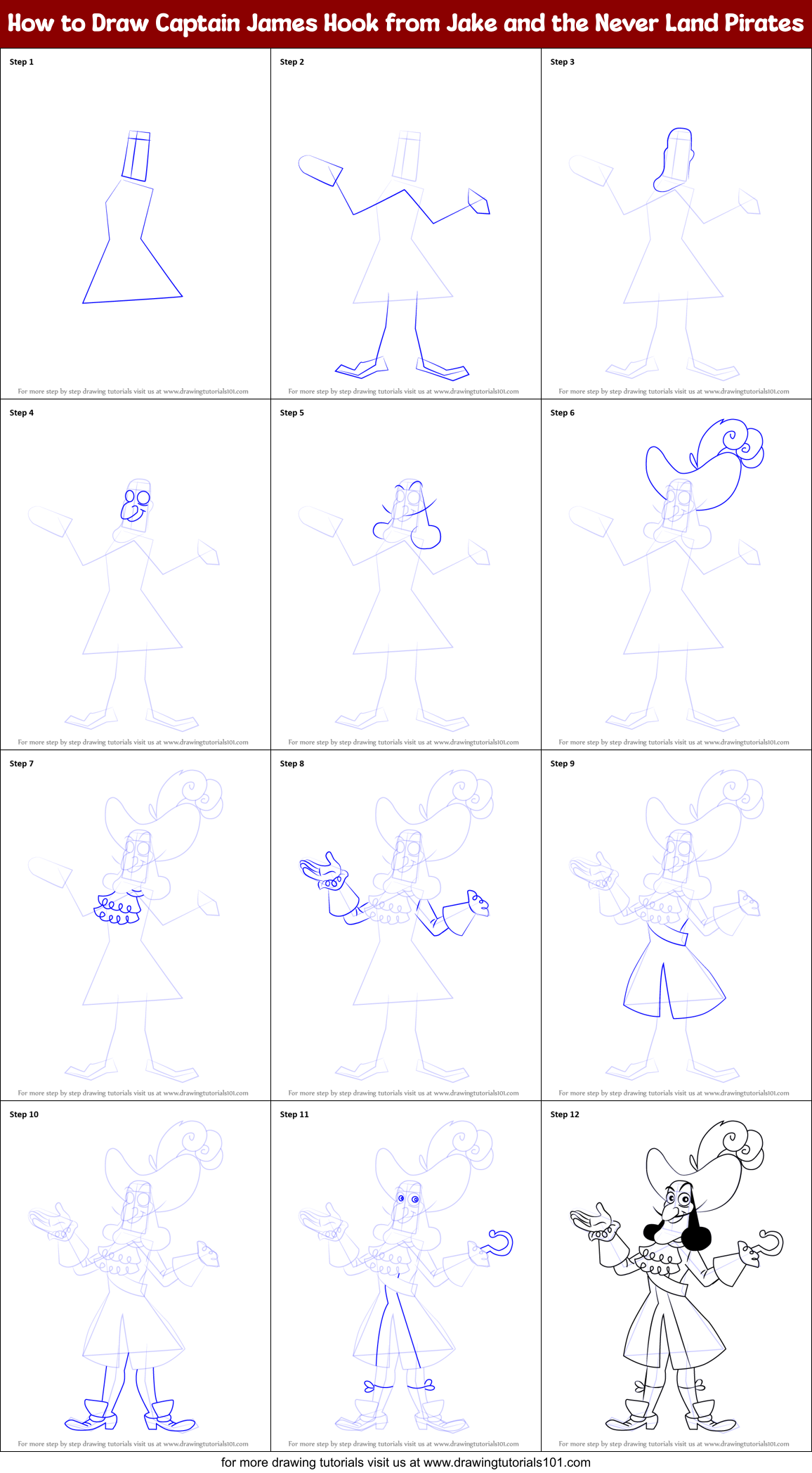 How to Draw Captain James Hook from Jake and the Never Land Pirates Printable Step by Step