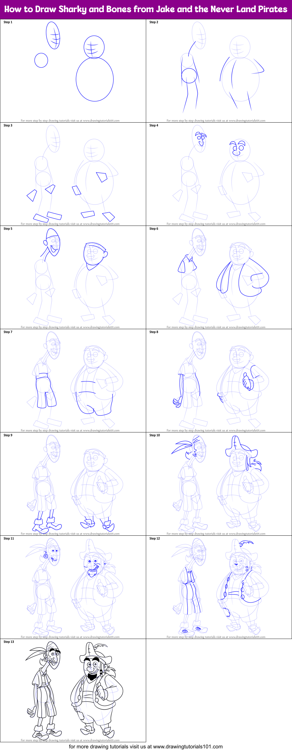 How to Draw Sharky and Bones from Jake and the Never Land Pirates Printable Step by Step
