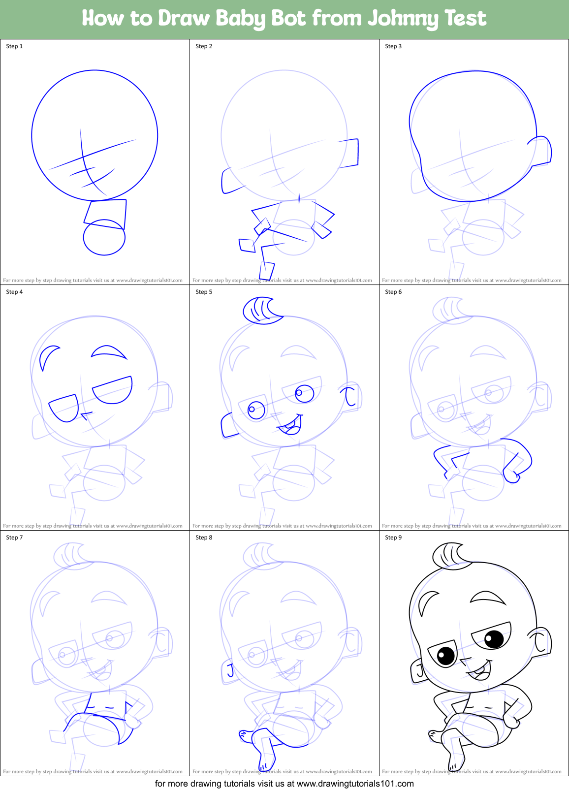 How to Draw Baby Bot from Johnny Test Printable Step by Step