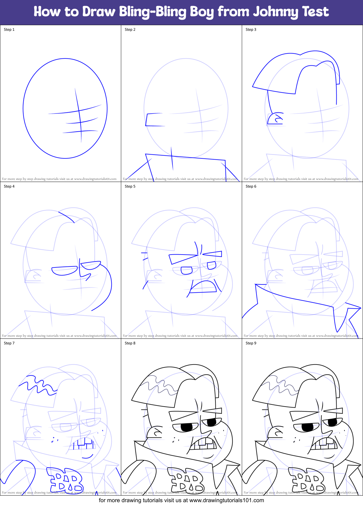 How to Draw Bling-Bling Boy from Johnny Test Printable Step by Step