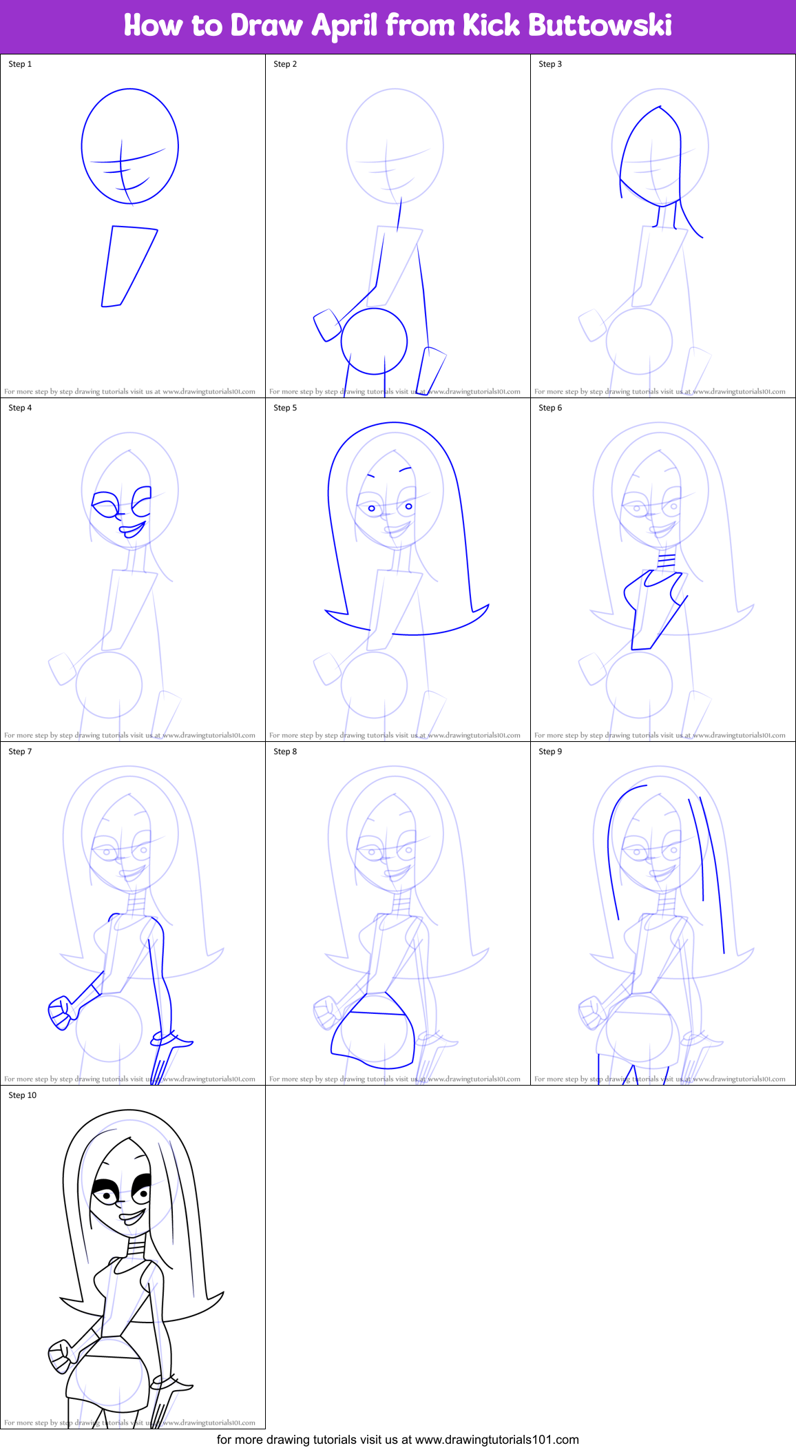 How to Draw April from Kick Buttowski Printable Step by Step