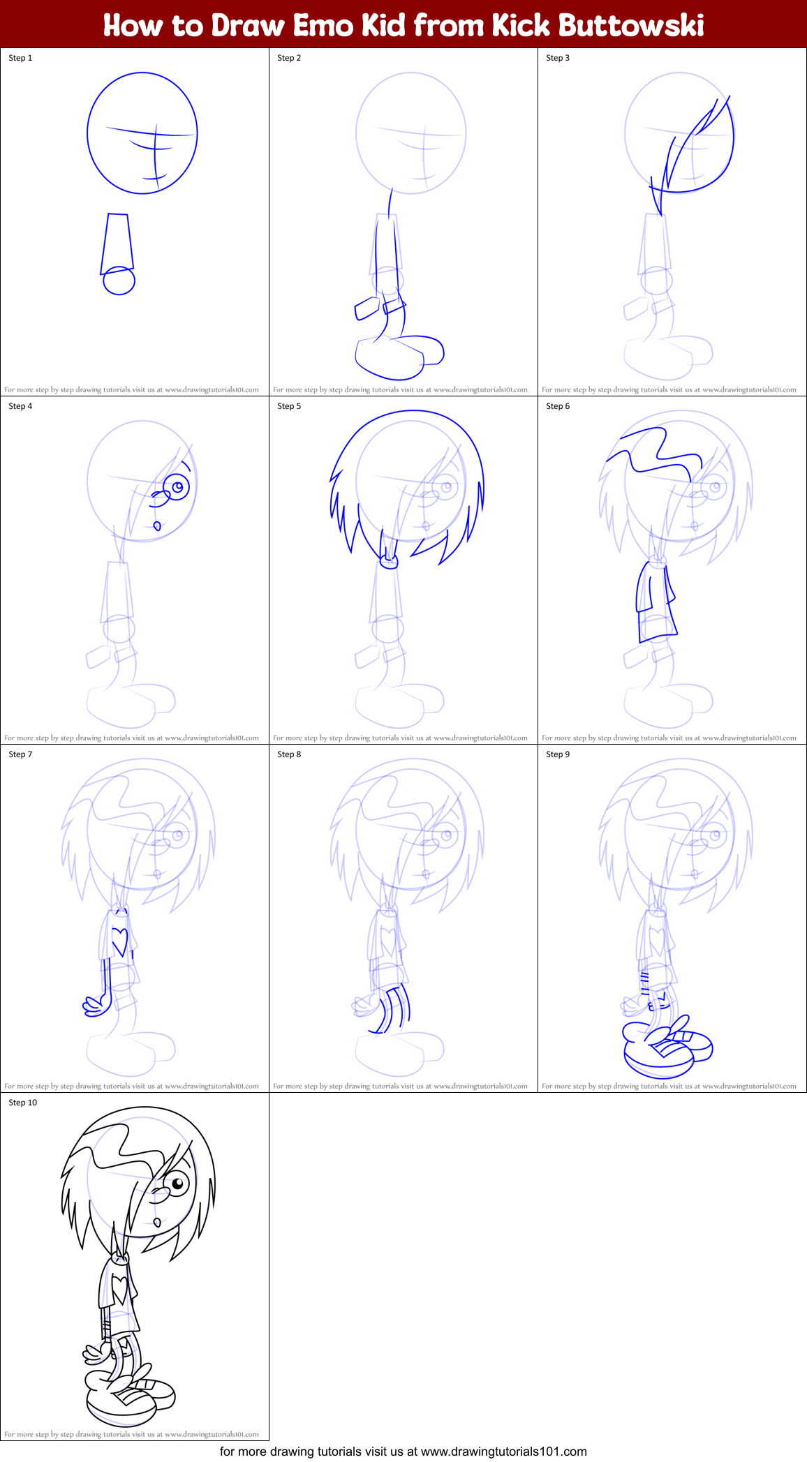 How to Draw Emo Kid from Kick Buttowski Printable Step by Step