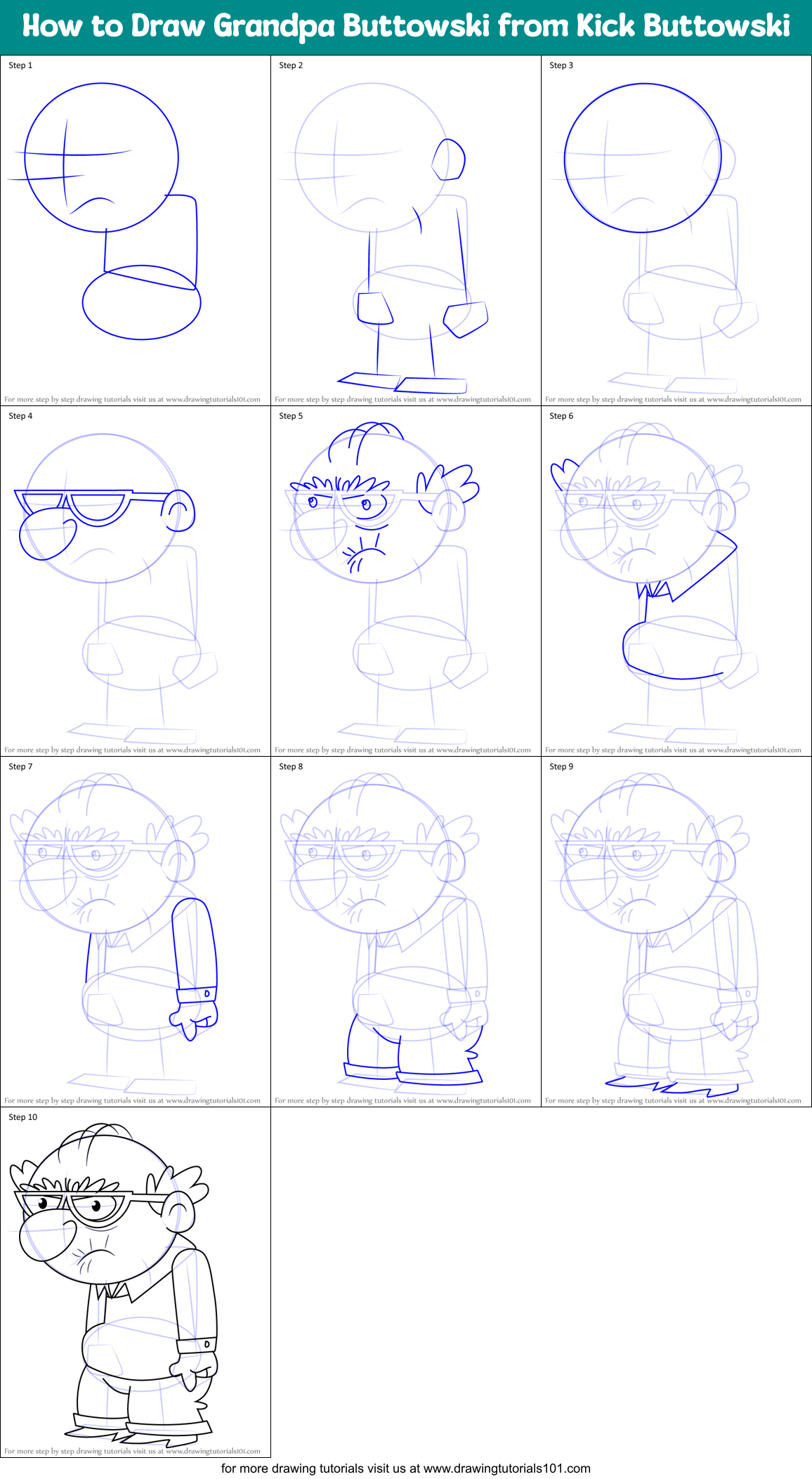 How to Draw Grandpa Buttowski from Kick Buttowski Printable Step by Step