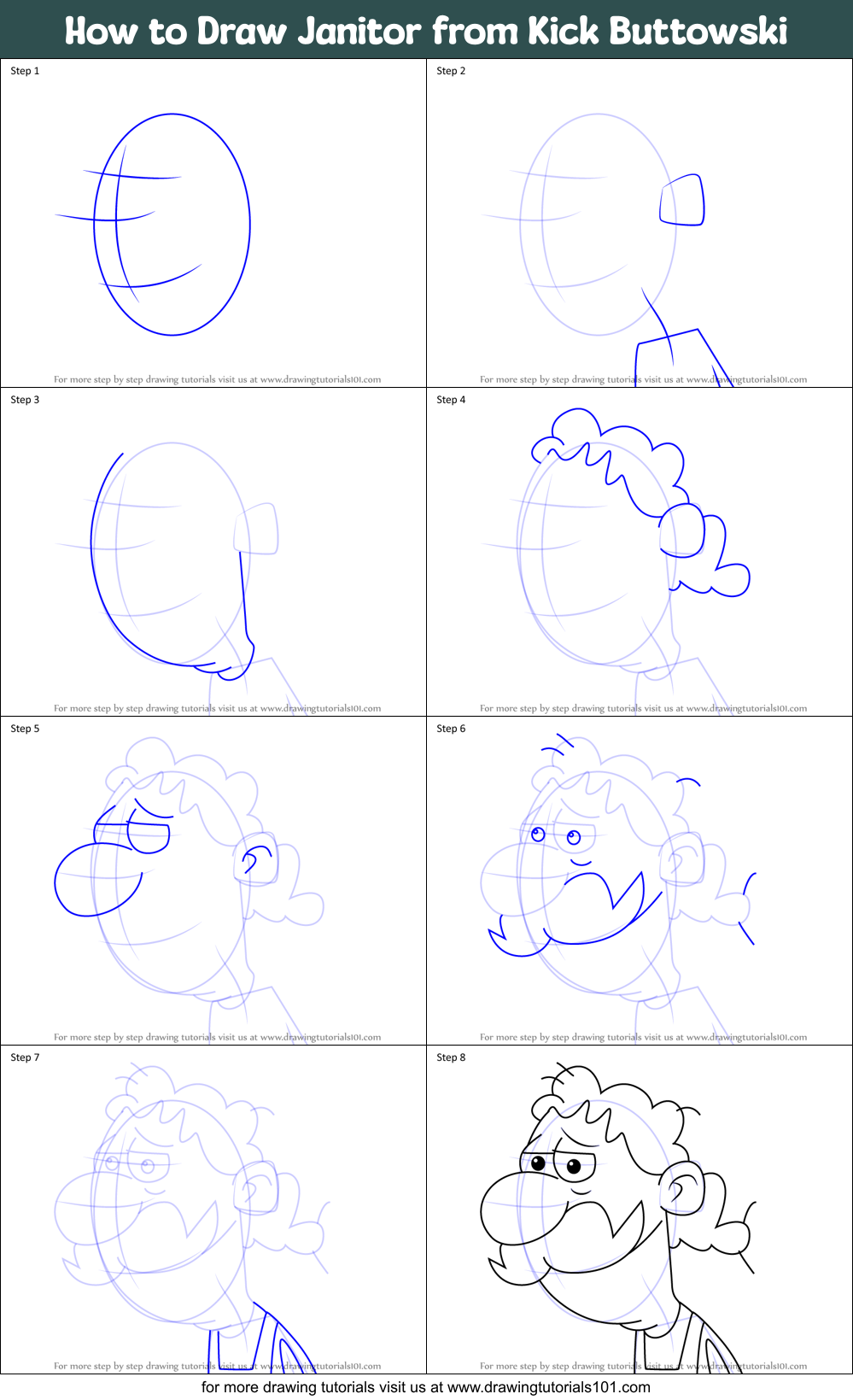 How to Draw Janitor from Kick Buttowski Printable Step by Step