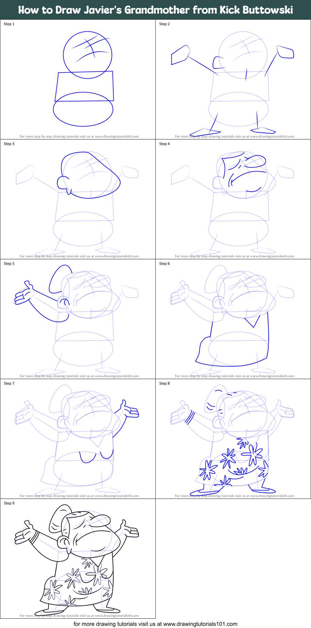 How to Draw Javier's Grandmother from Kick Buttowski Printable Step by Step