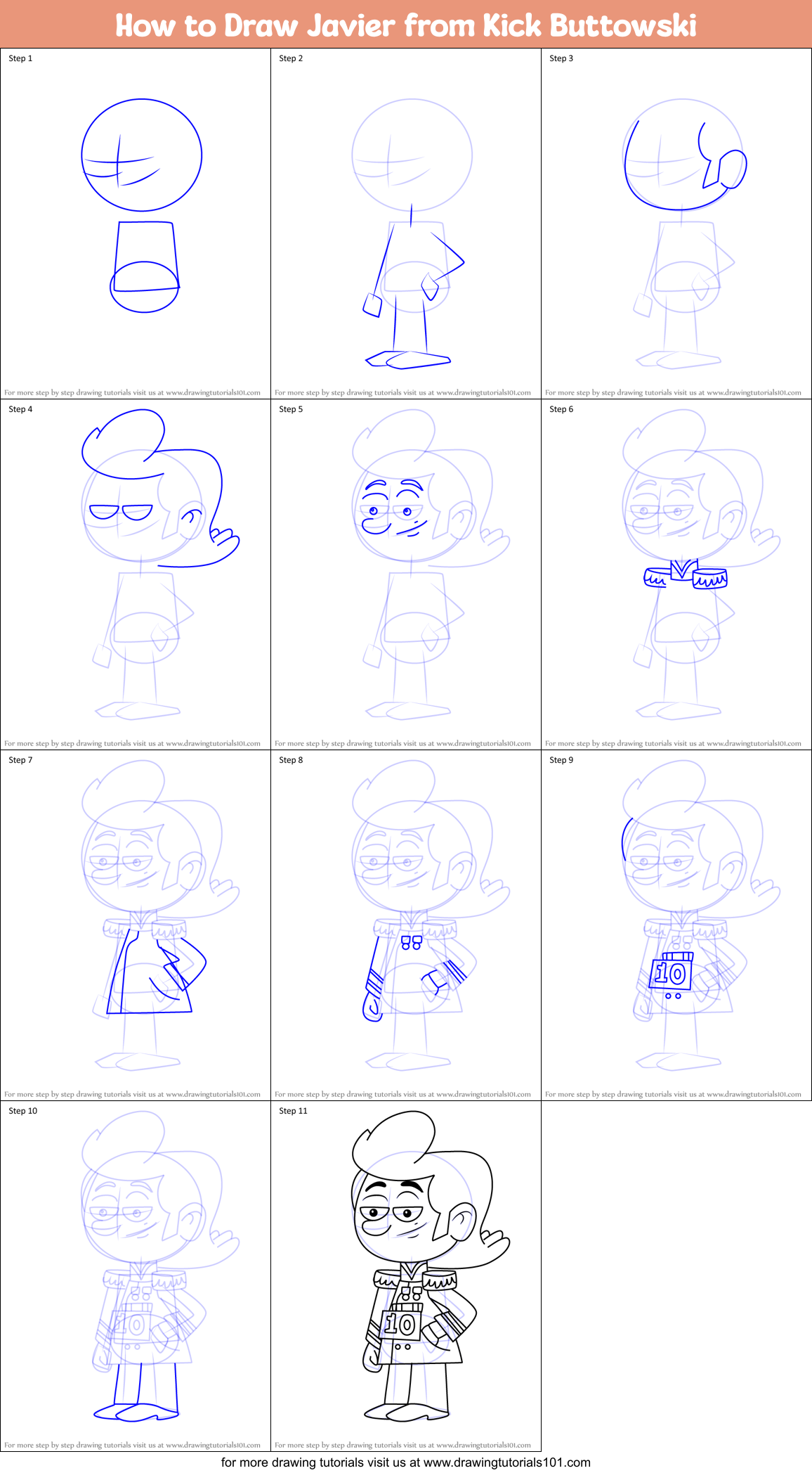 How to Draw Javier from Kick Buttowski Printable Step by Step