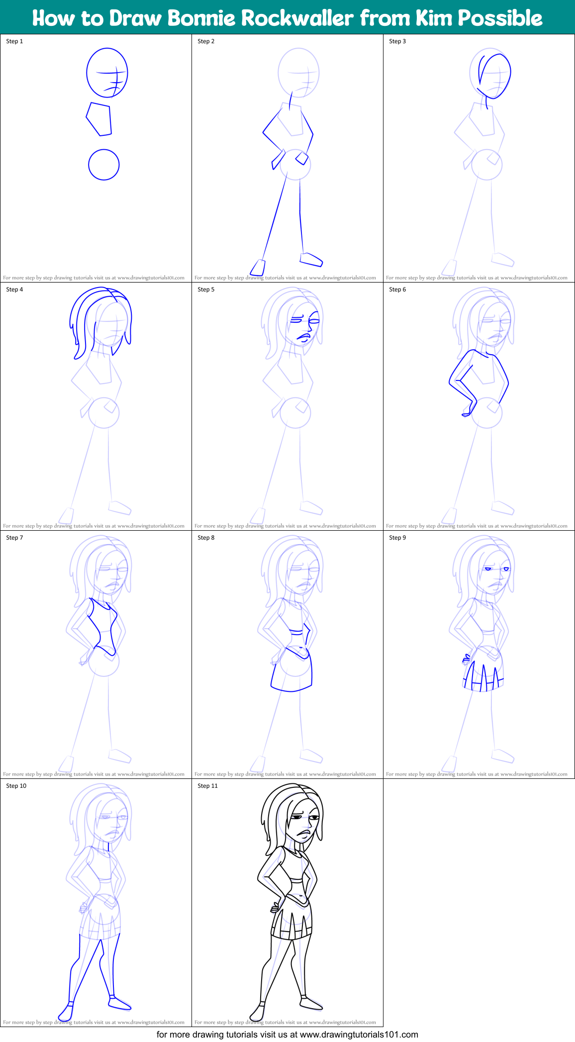 How to Draw Bonnie Rockwaller from Kim Possible Printable Step by Step