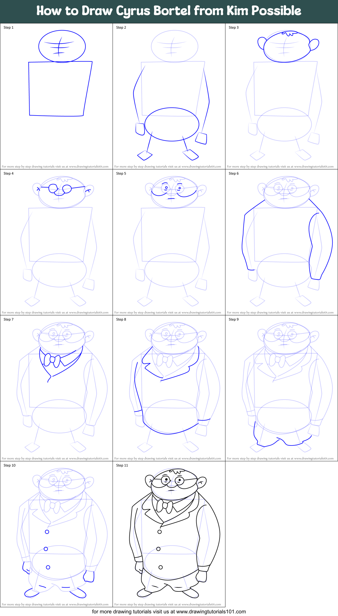 How to Draw Cyrus Bortel from Kim Possible Printable Step by Step