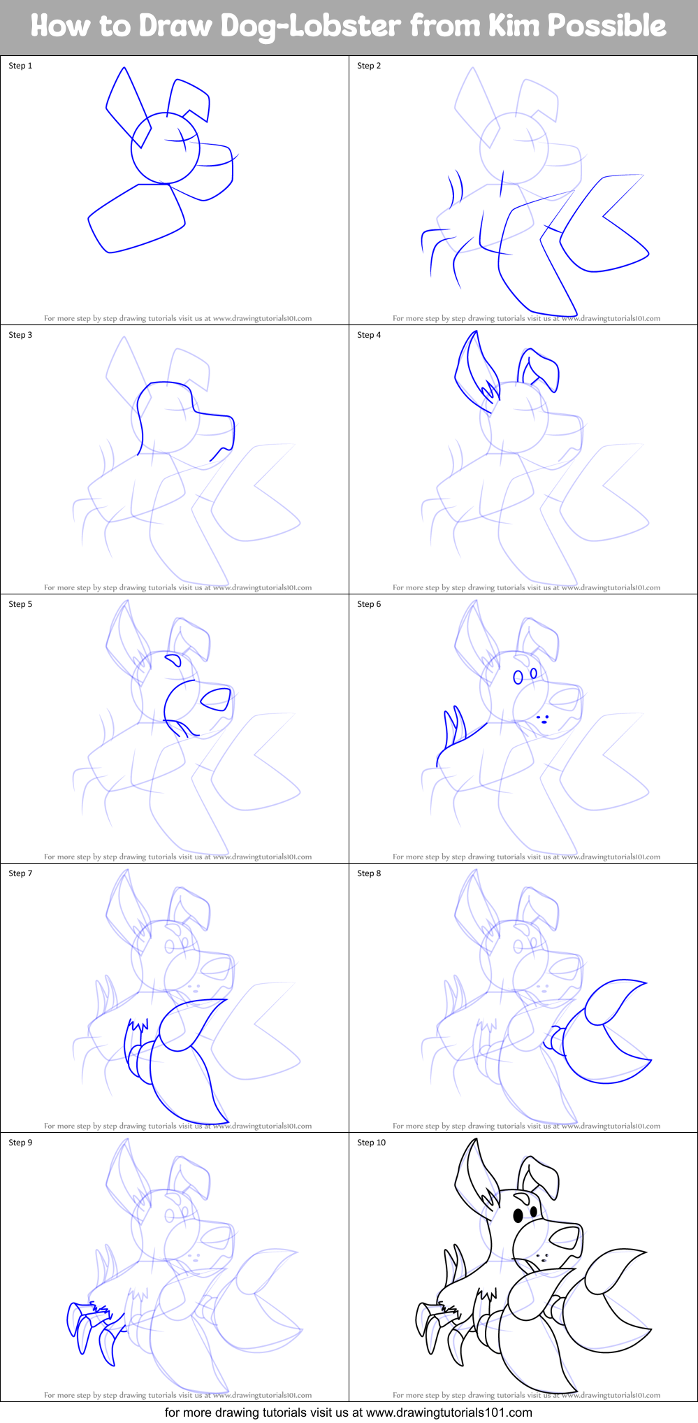 How to Draw Dog-Lobster from Kim Possible Printable Step by Step