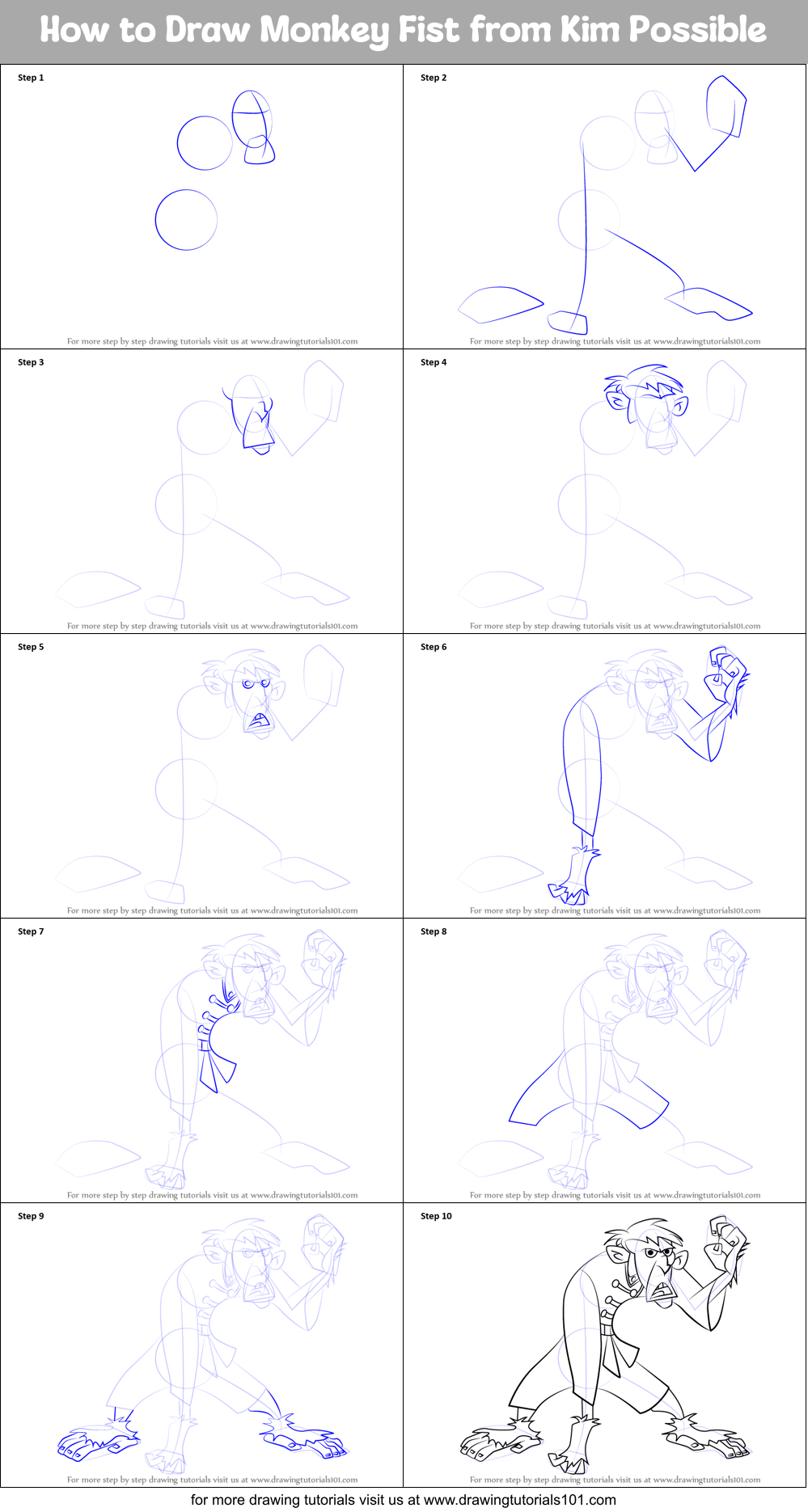 How to Draw Monkey Fist from Kim Possible Printable Step by Step