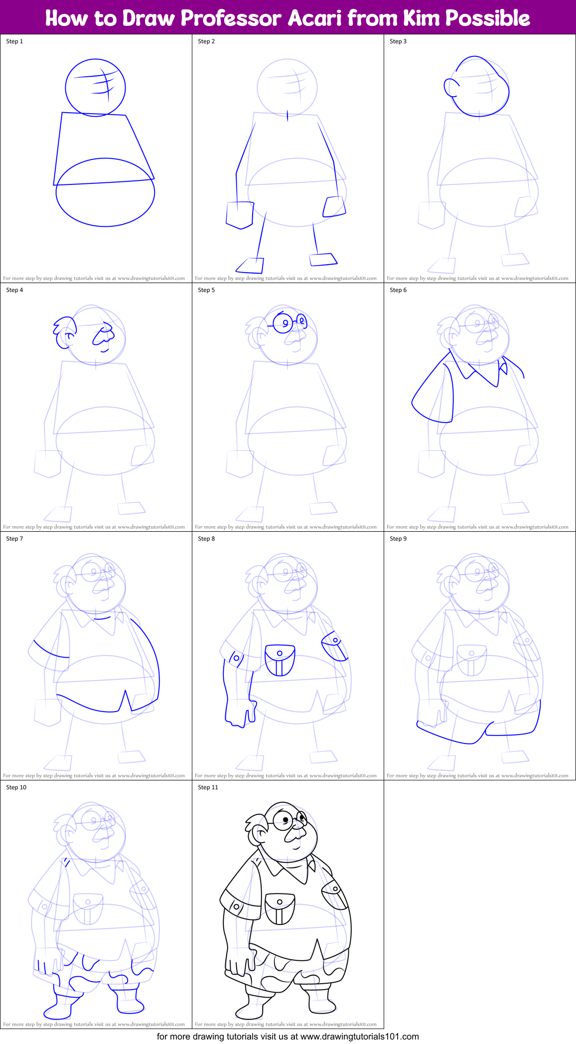 How to Draw Professor Acari from Kim Possible Printable Step by Step