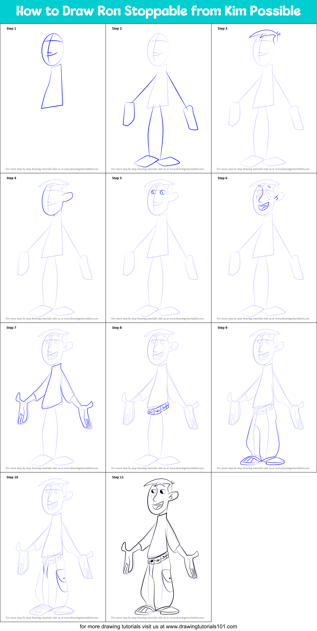 How to Draw Ron Stoppable from Kim Possible printable step by step