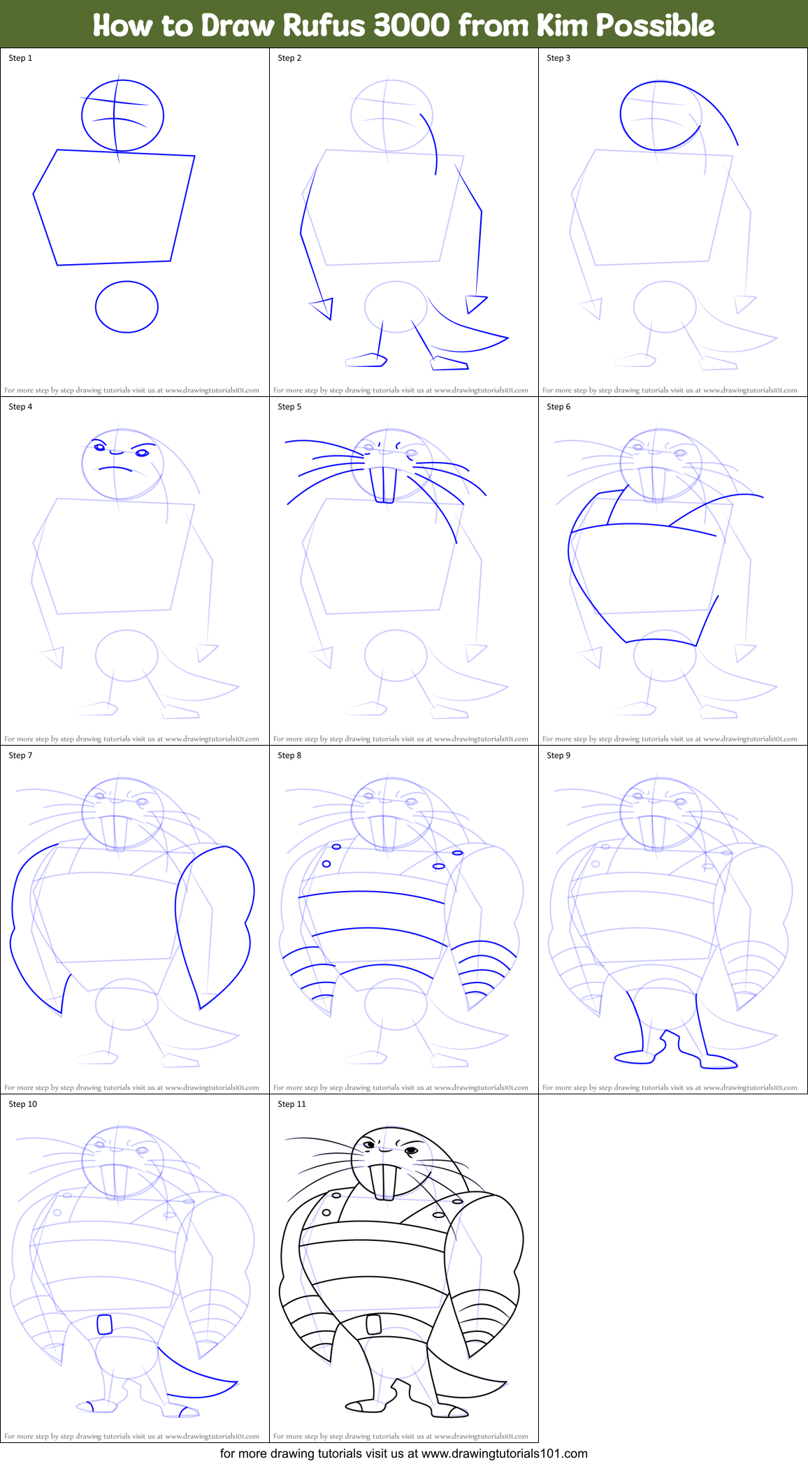 How to Draw Rufus 3000 from Kim Possible Printable Step by Step