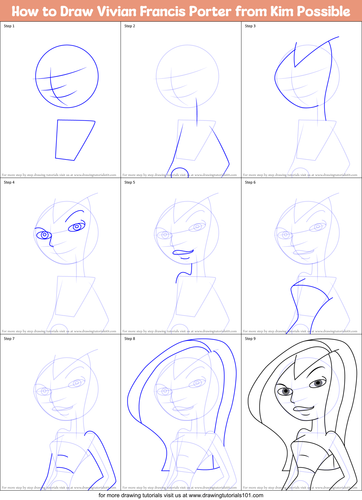 How to Draw Vivian Francis Porter from Kim Possible Printable Step by Step