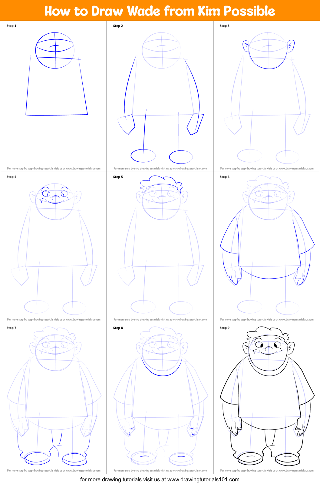 How to Draw Wade from Kim Possible Printable Step by Step