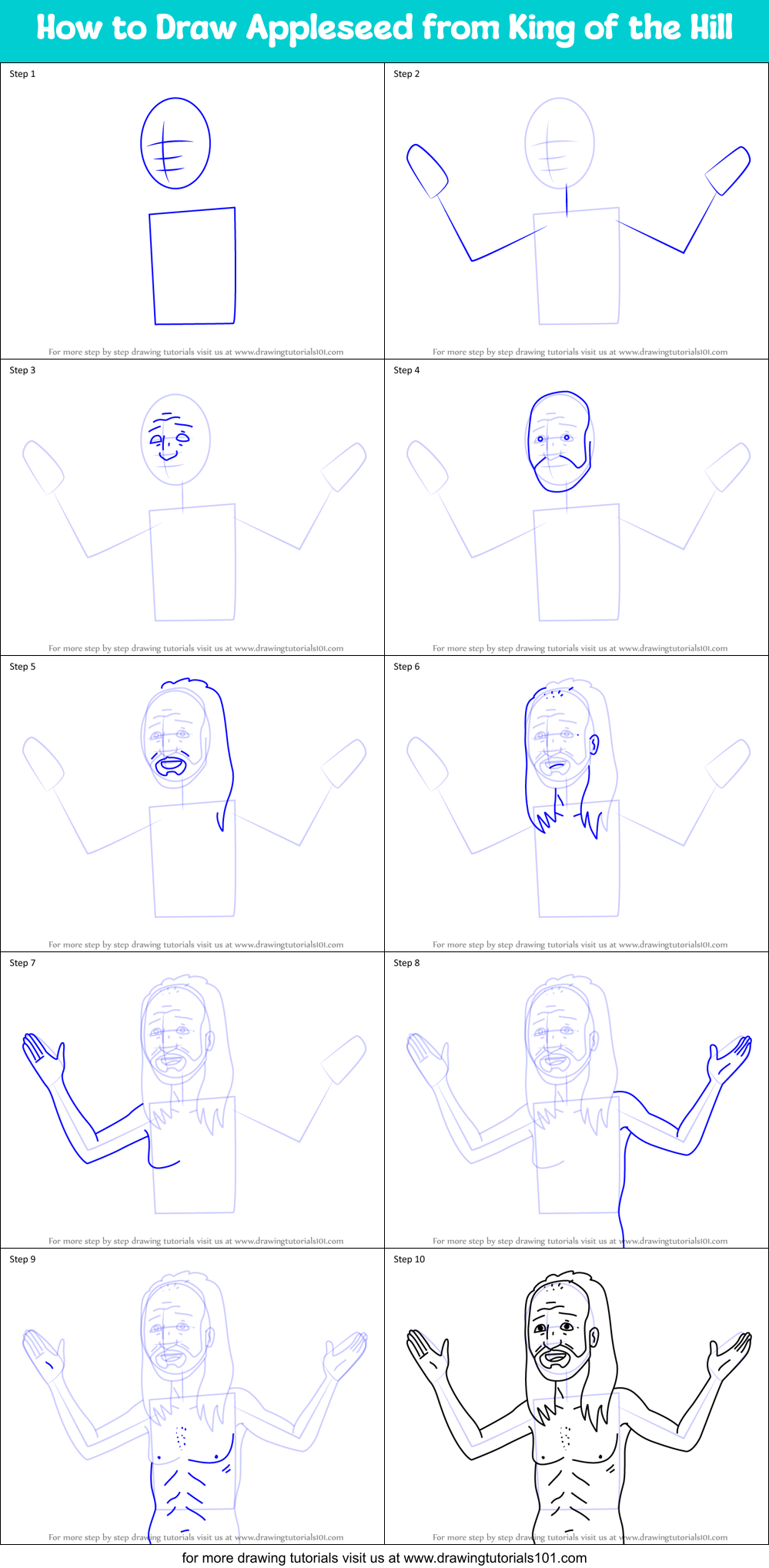 How to Draw Appleseed from King of the Hill Printable Step by Step