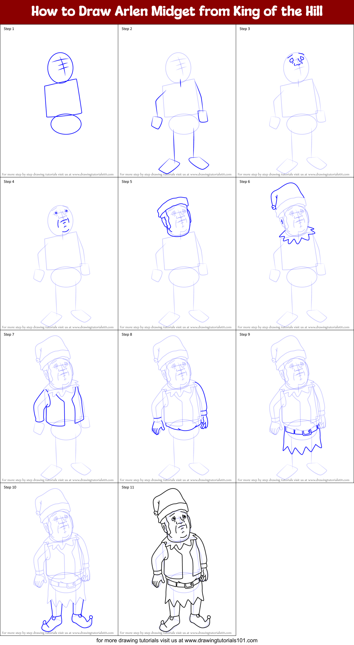 How to Draw Arlen Midget from King of the Hill Printable Step by Step