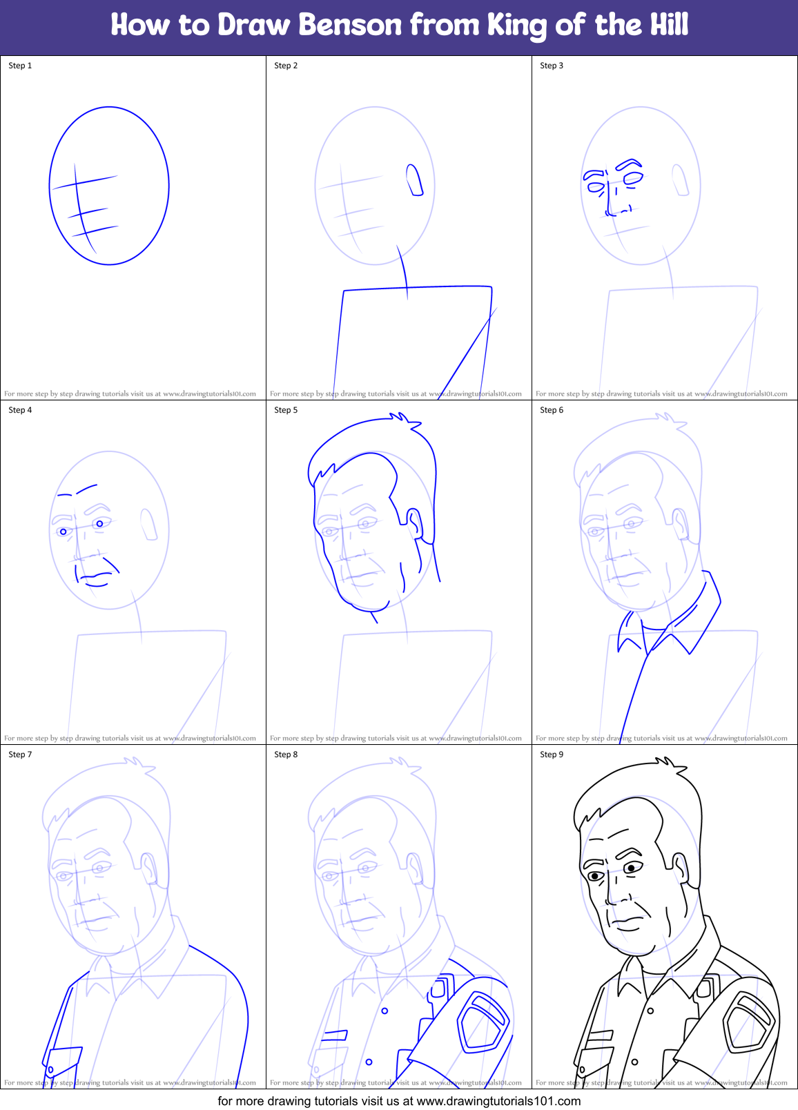How to Draw Benson from King of the Hill Printable Step by Step