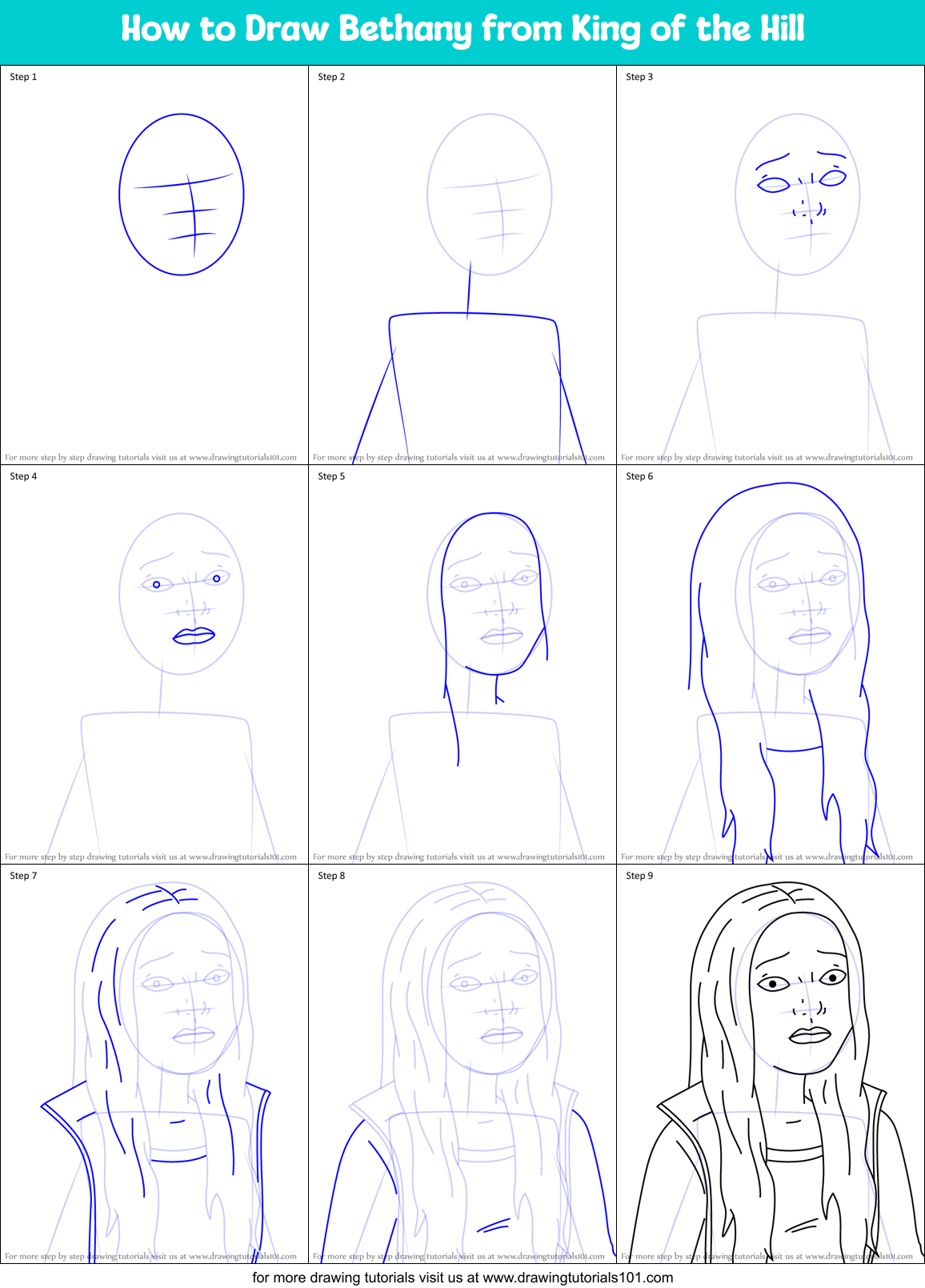 How to Draw Bethany from King of the Hill Printable Step by Step