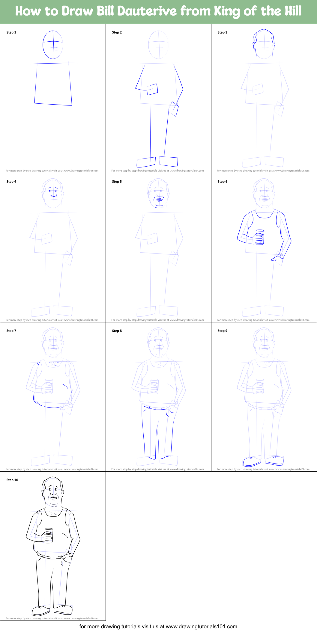 How to Draw Bill Dauterive from King of the Hill Printable Step by Step