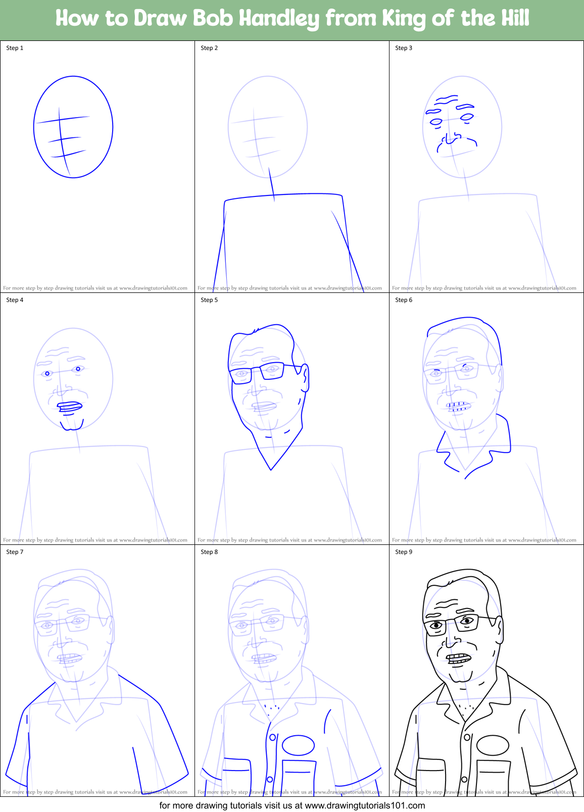 How to Draw Bob Handley from King of the Hill Printable Step by Step