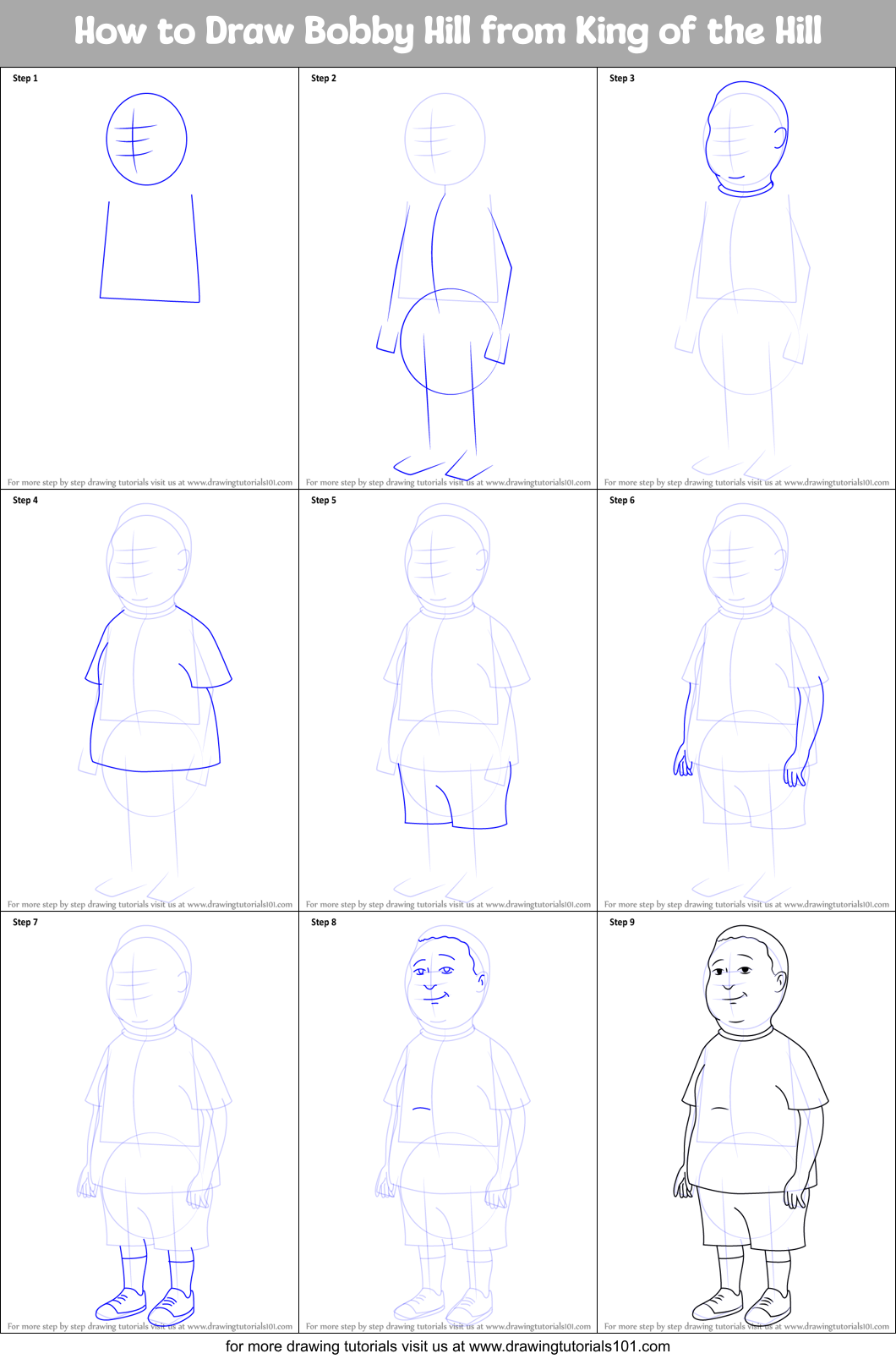 How to Draw Bobby Hill from King of the Hill Printable Step by Step