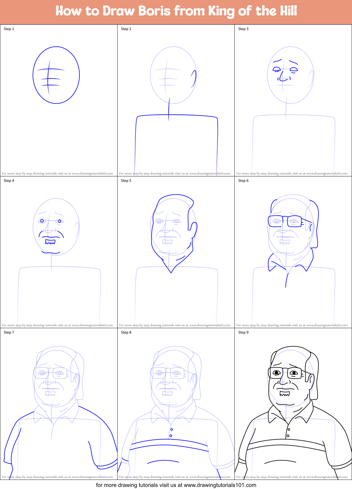 How to Draw Boris from King of the Hill Printable Step by Step