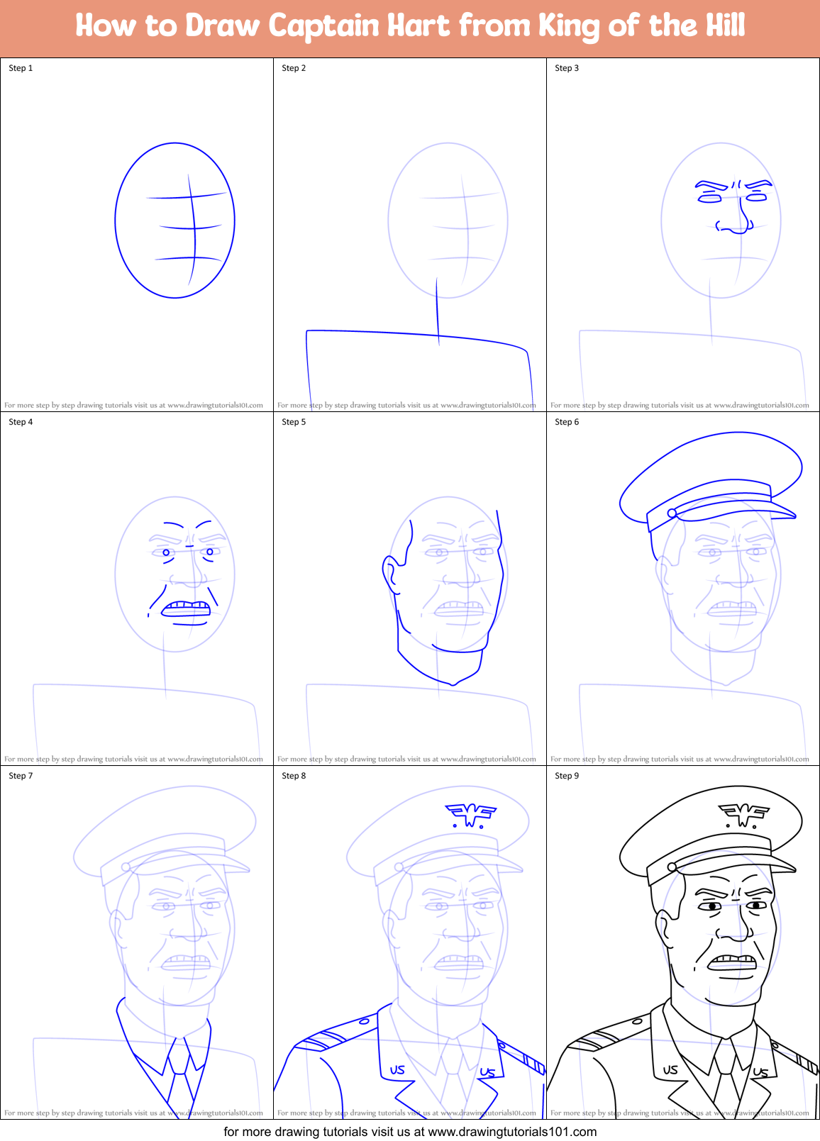 How to Draw Captain Hart from King of the Hill Printable Step by Step