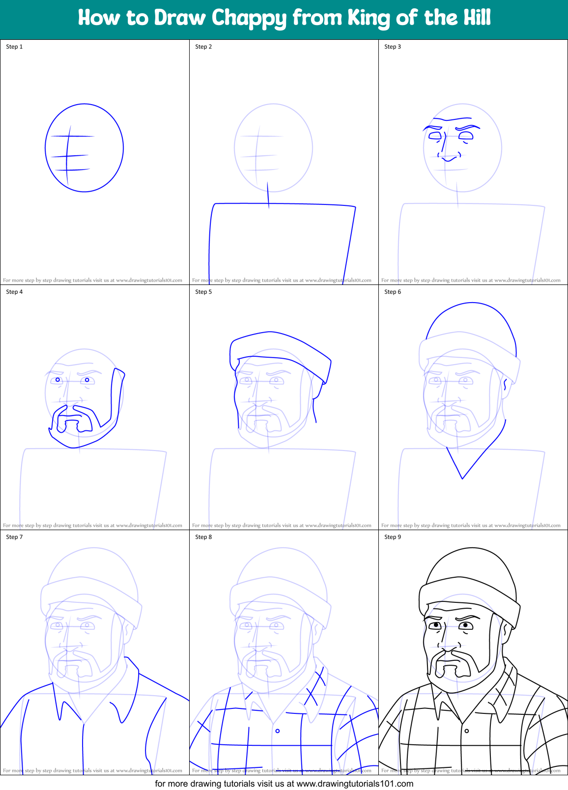 How to Draw Chappy from King of the Hill Printable Step by Step