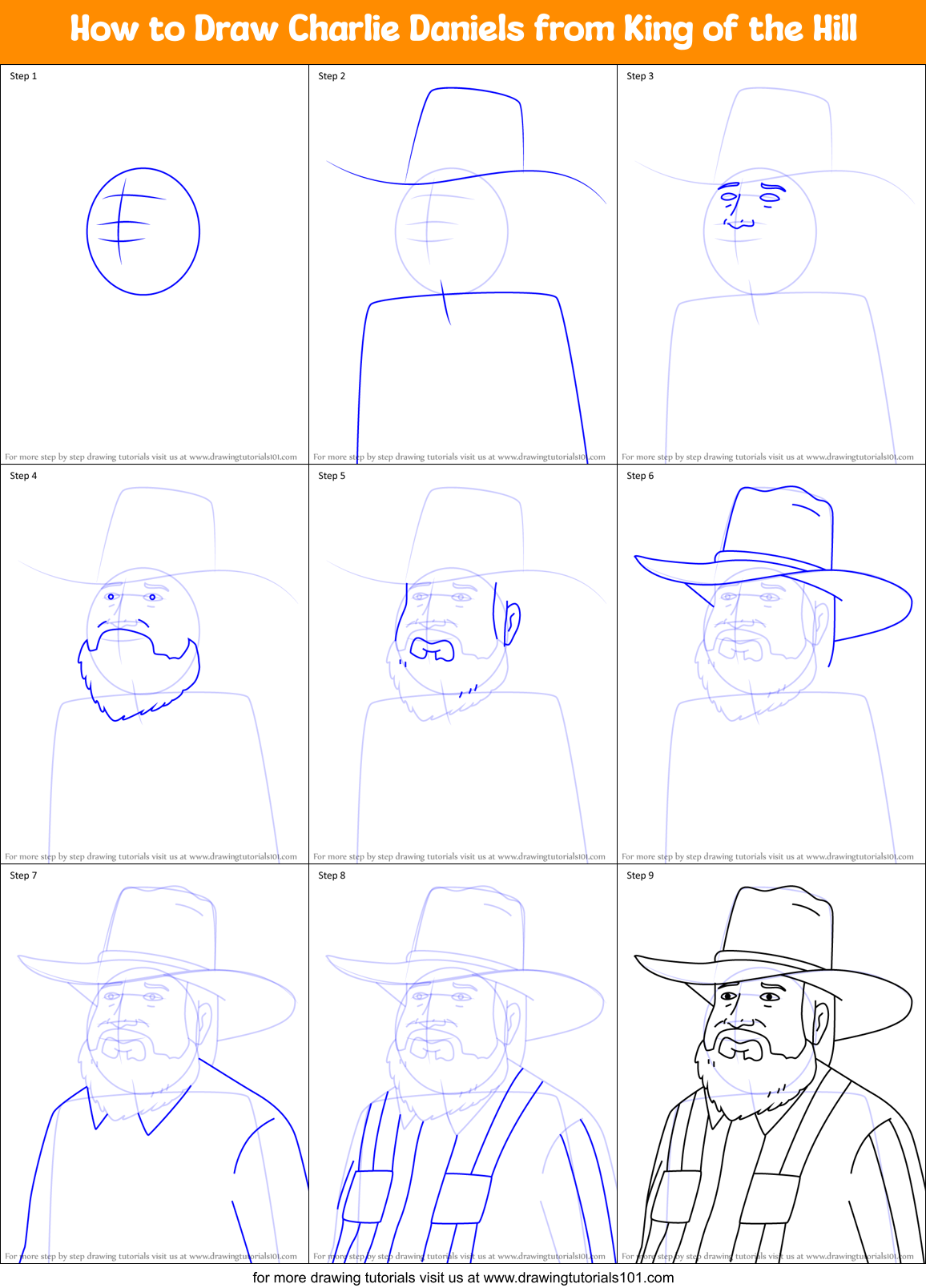 How to Draw Charlie Daniels from King of the Hill Printable Step by Step