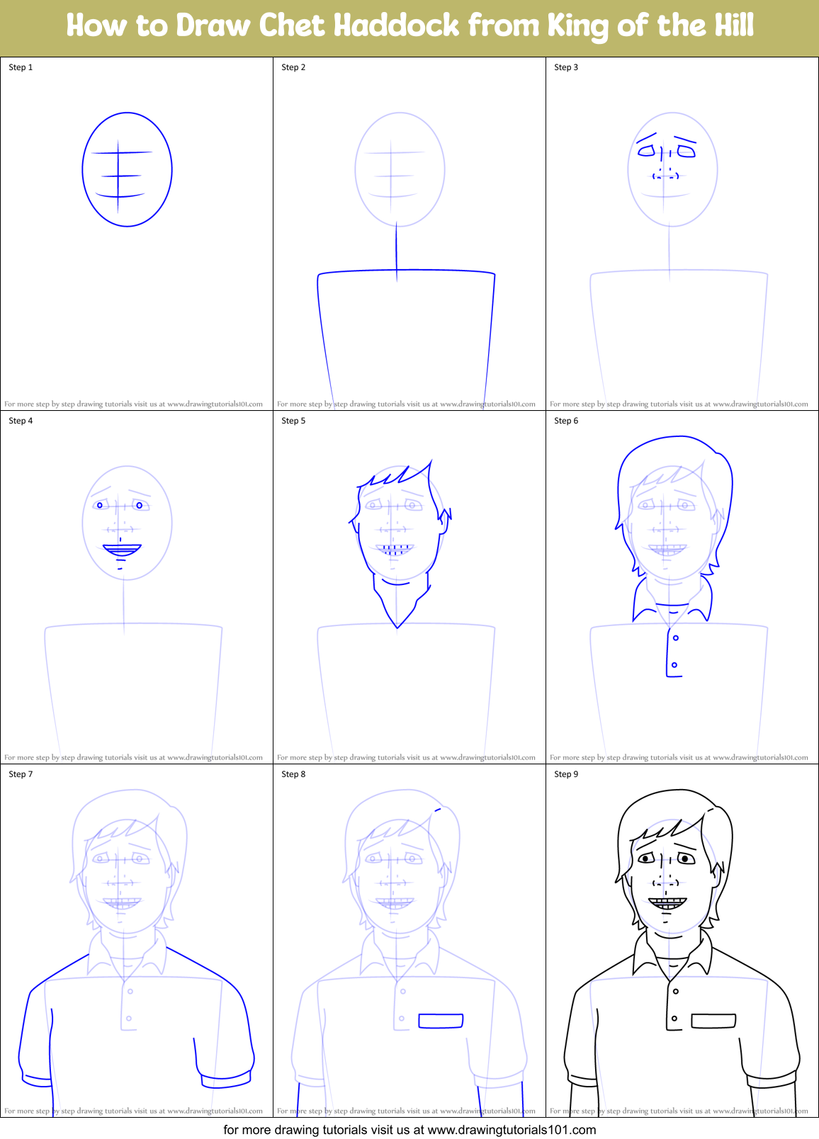How to Draw Chet Haddock from King of the Hill Printable Step by Step