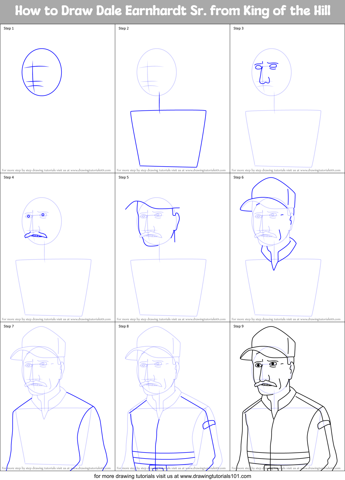 How to Draw Dale Earnhardt Sr. from King of the Hill Printable Step by Step