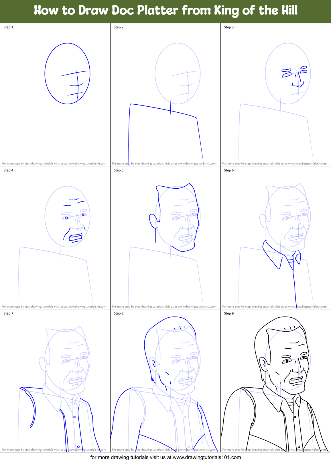 How to Draw Doc Platter from King of the Hill Printable Step by Step
