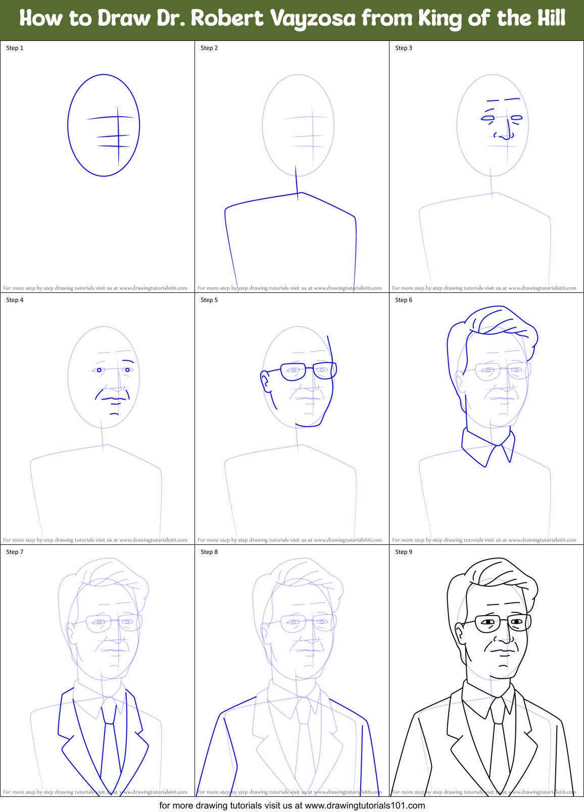 How to Draw Dr. Robert Vayzosa from King of the Hill Printable Step by Step