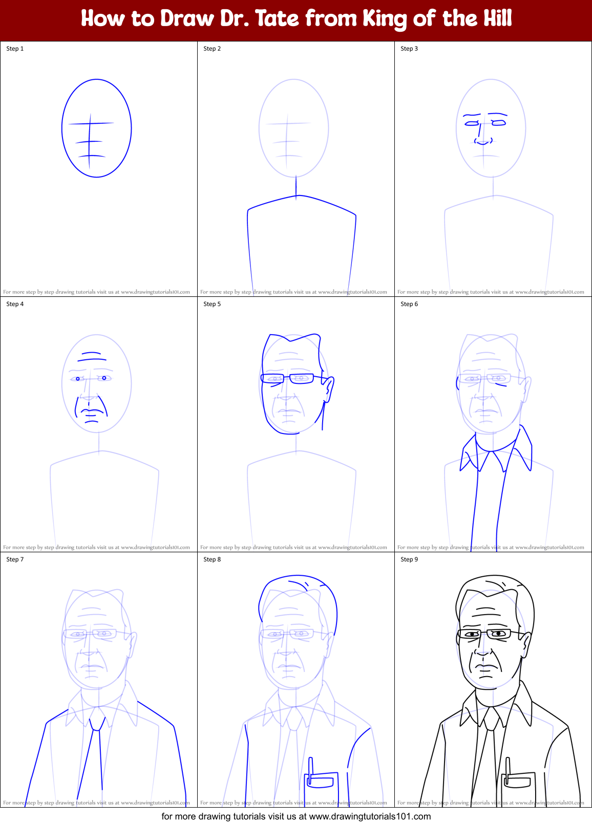 How to Draw Dr. Tate from King of the Hill Printable Step by Step