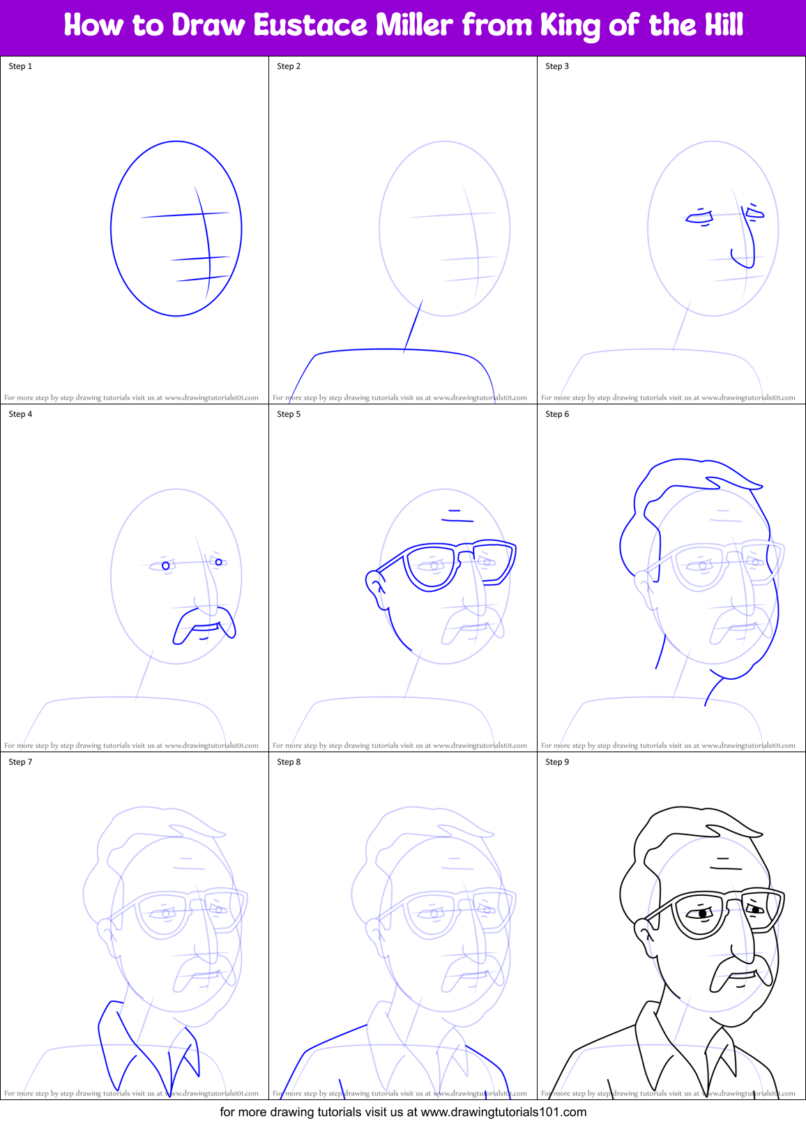 How to Draw Eustace Miller from King of the Hill Printable Step by Step