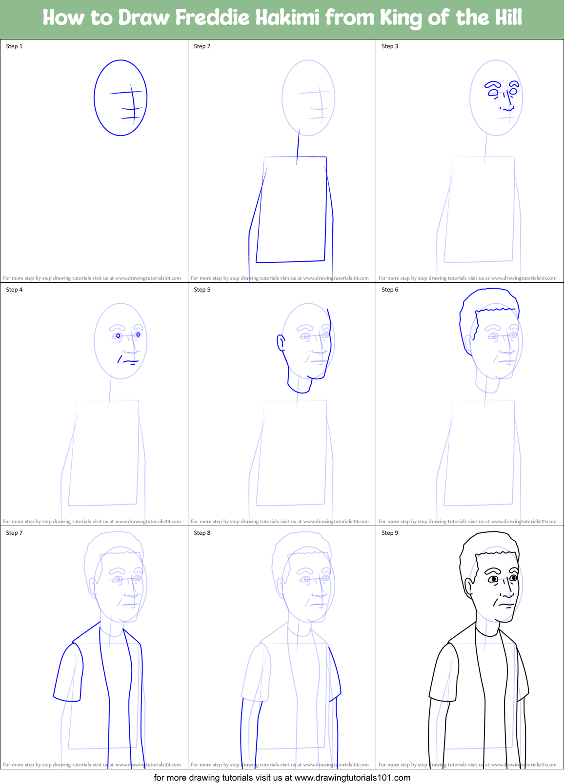 How to Draw Freddie Hakimi from King of the Hill Printable Step by Step