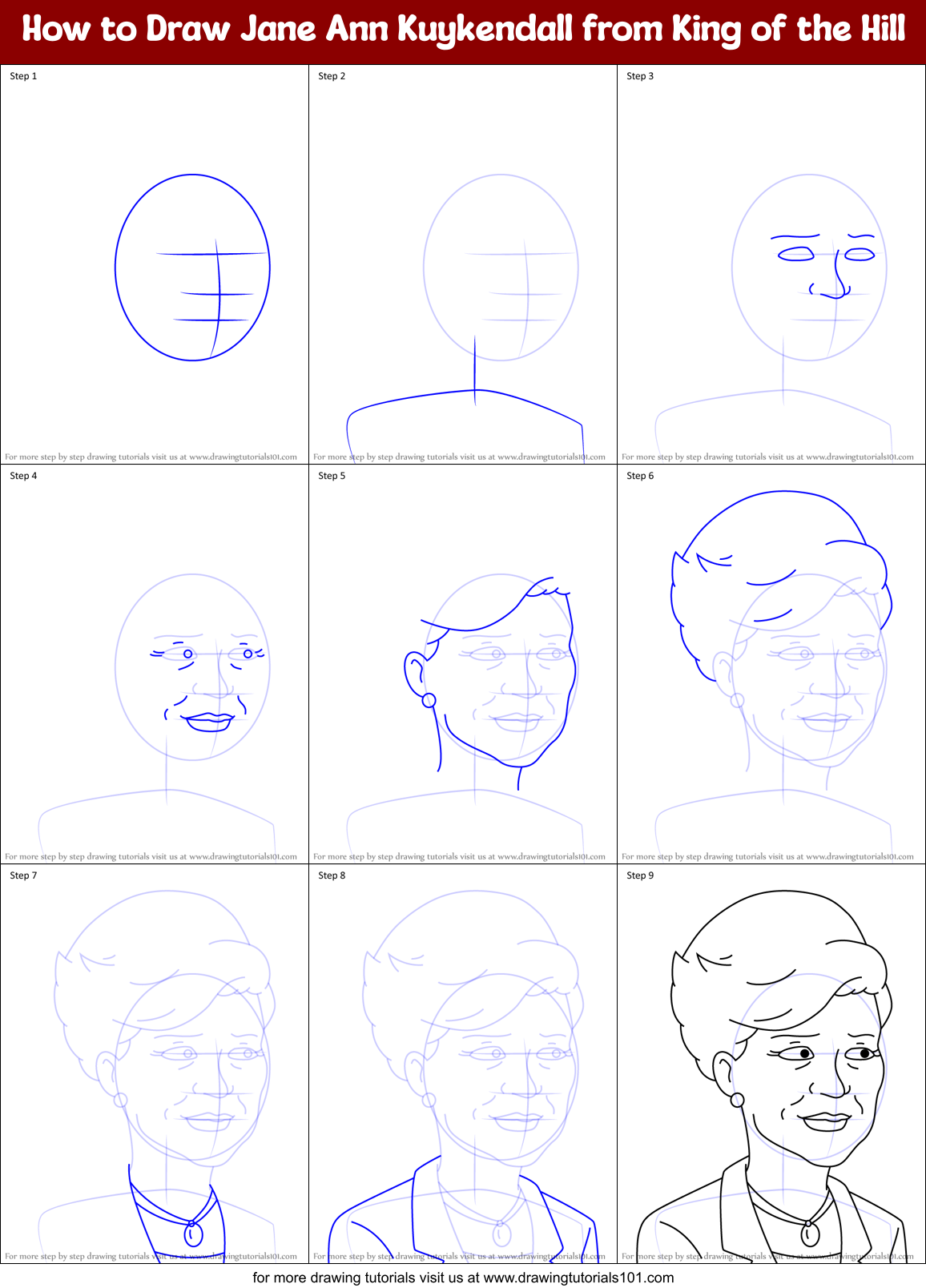 How to Draw Jane Ann Kuykendall from King of the Hill Printable Step by Step