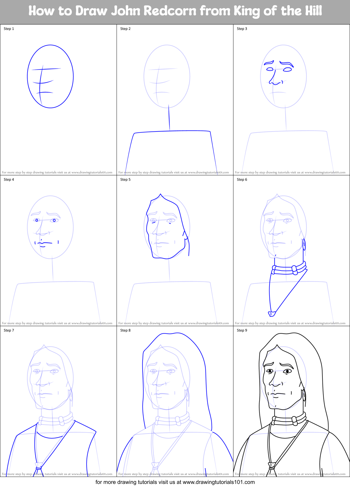 How to Draw John Redcorn from King of the Hill Printable Step by Step
