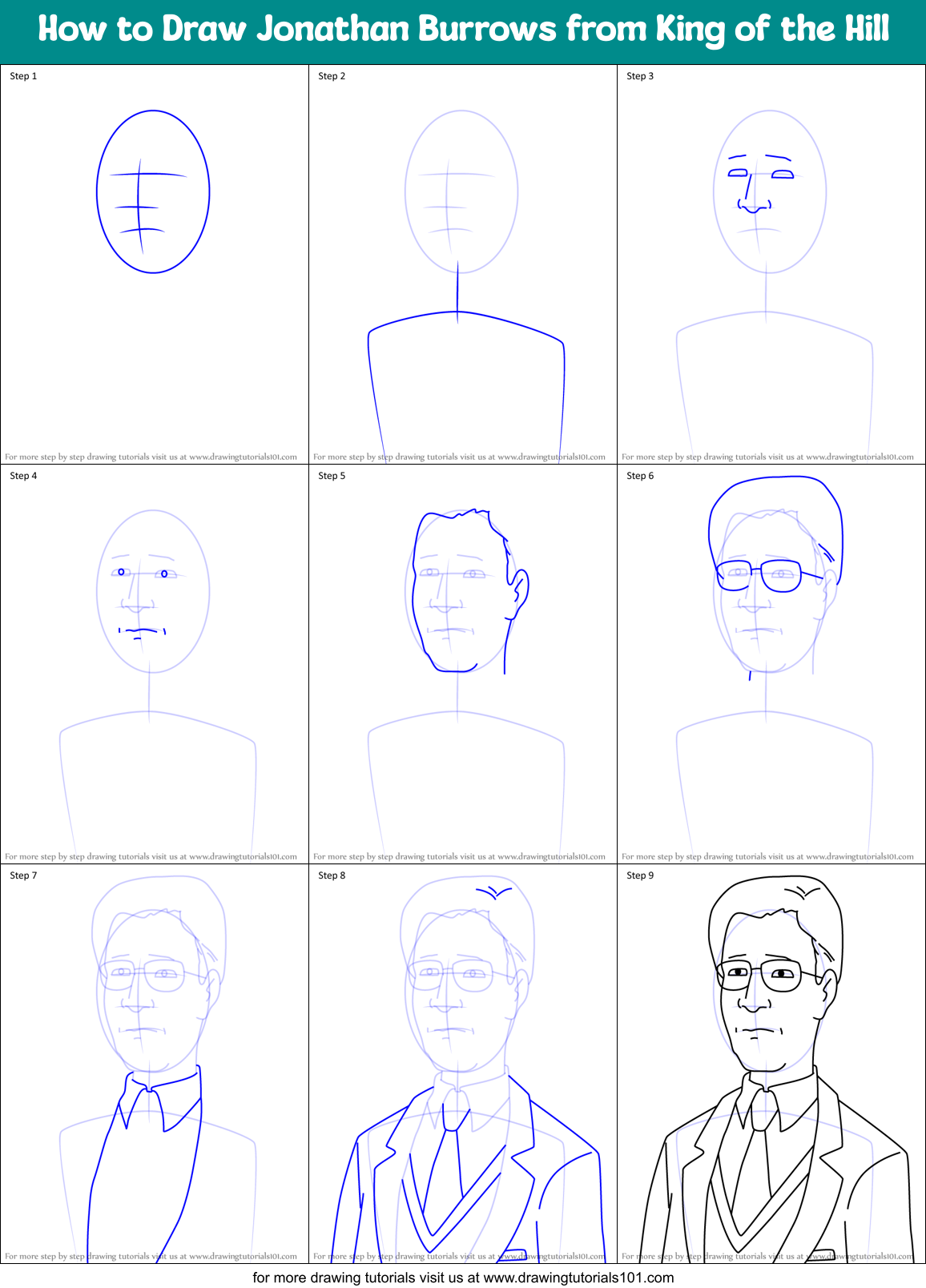 How to Draw Jonathan Burrows from King of the Hill Printable Step by Step