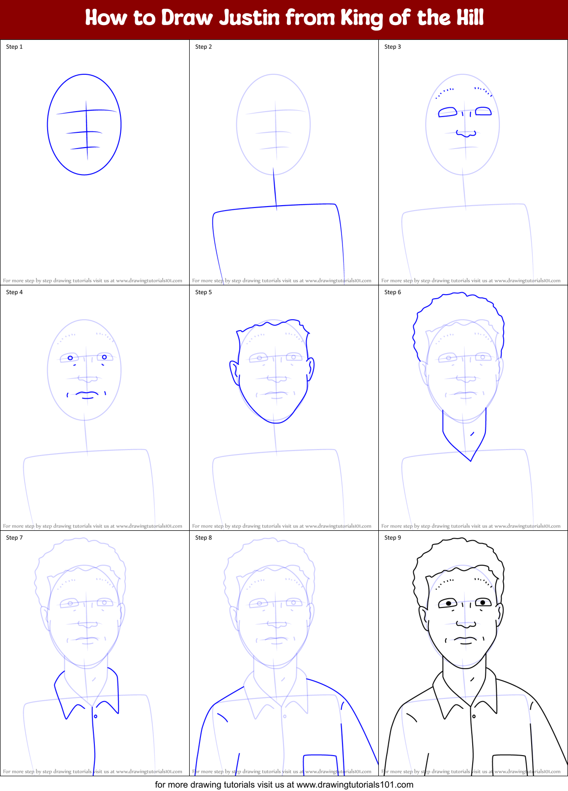 How to Draw Justin from King of the Hill Printable Step by Step