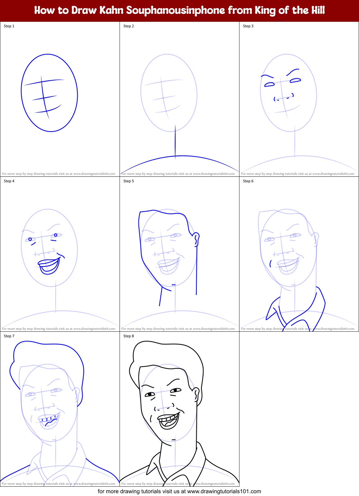 How to Draw Kahn Souphanousinphone from King of the Hill Printable Step by Step