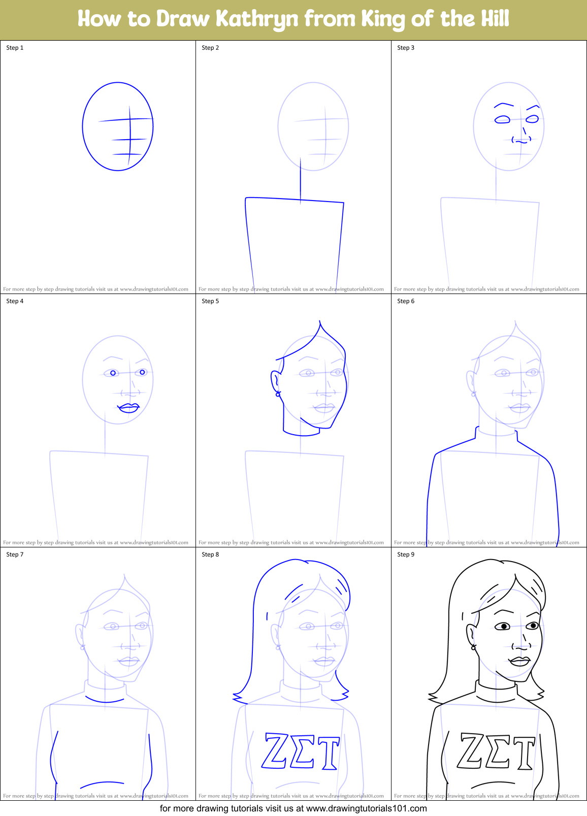 How to Draw Kathryn from King of the Hill Printable Step by Step