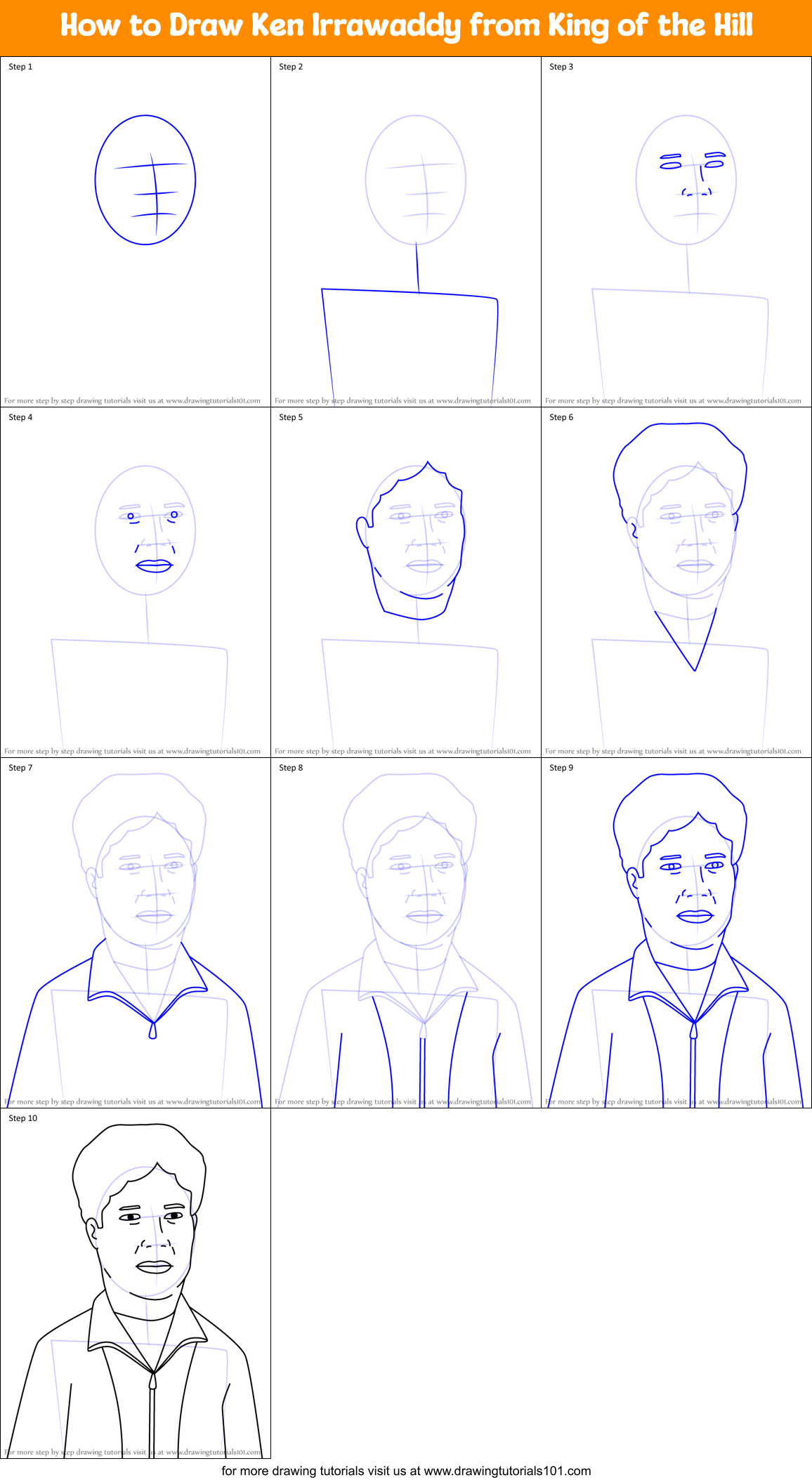 How to Draw Ken Irrawaddy from King of the Hill Printable Step by Step