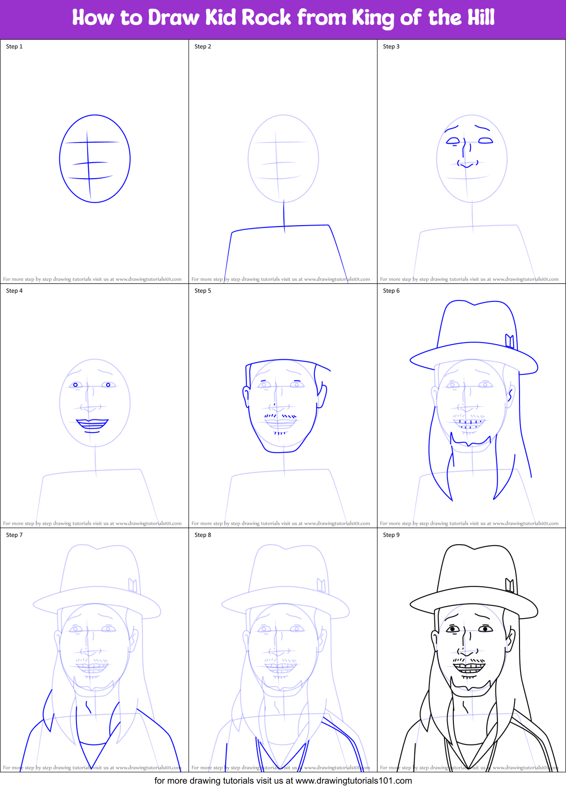 How to Draw Kid Rock from King of the Hill Printable Step by Step
