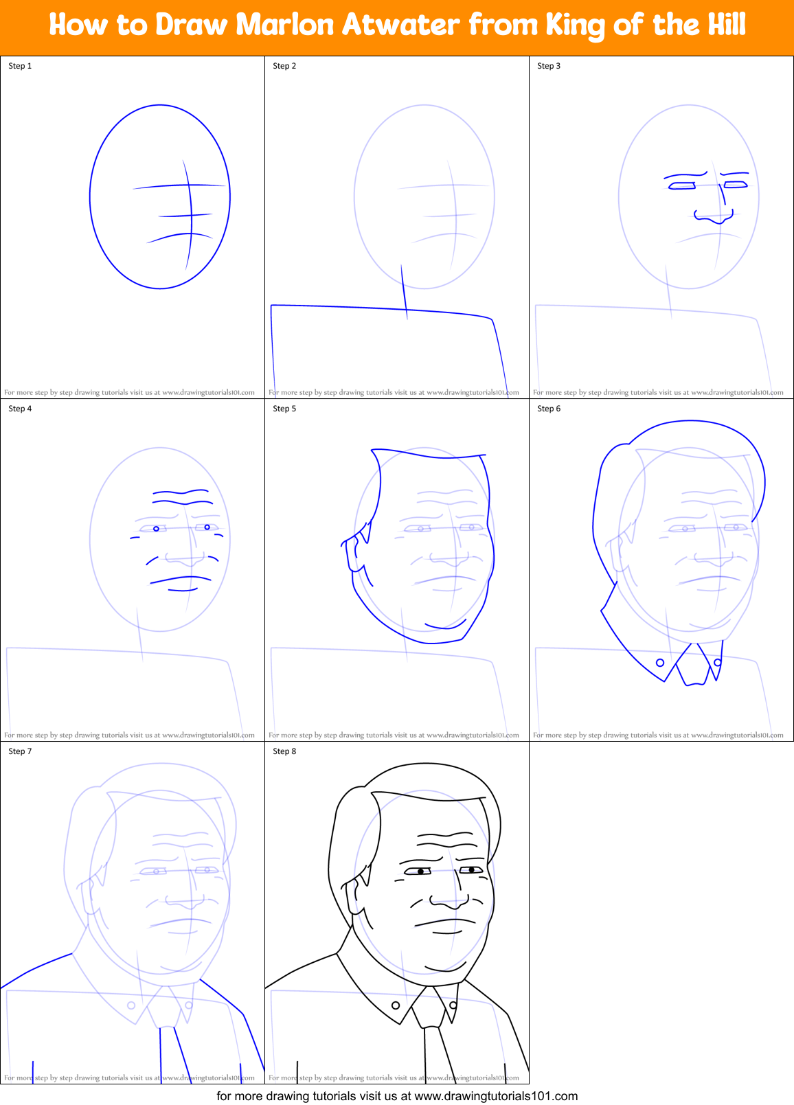 How to Draw Marlon Atwater from King of the Hill Printable Step by Step