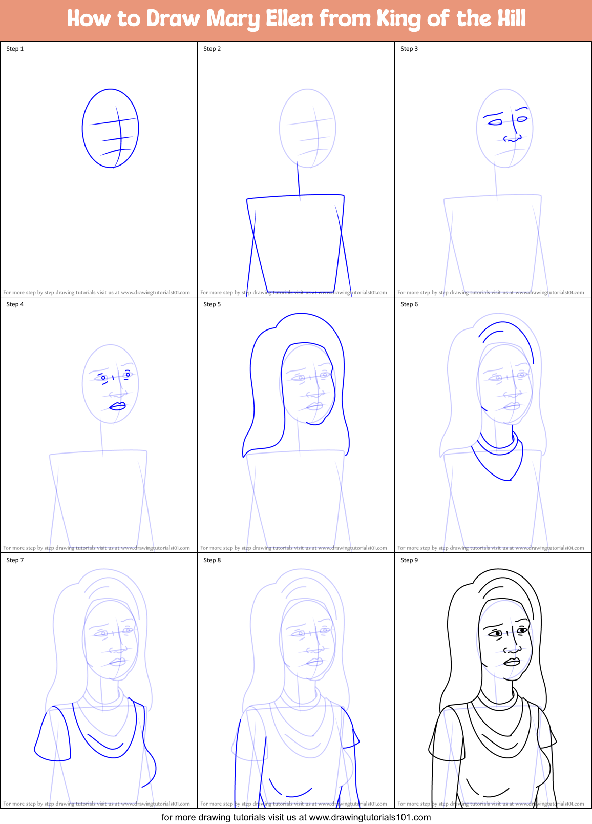 How to Draw Mary Ellen from King of the Hill Printable Step by Step