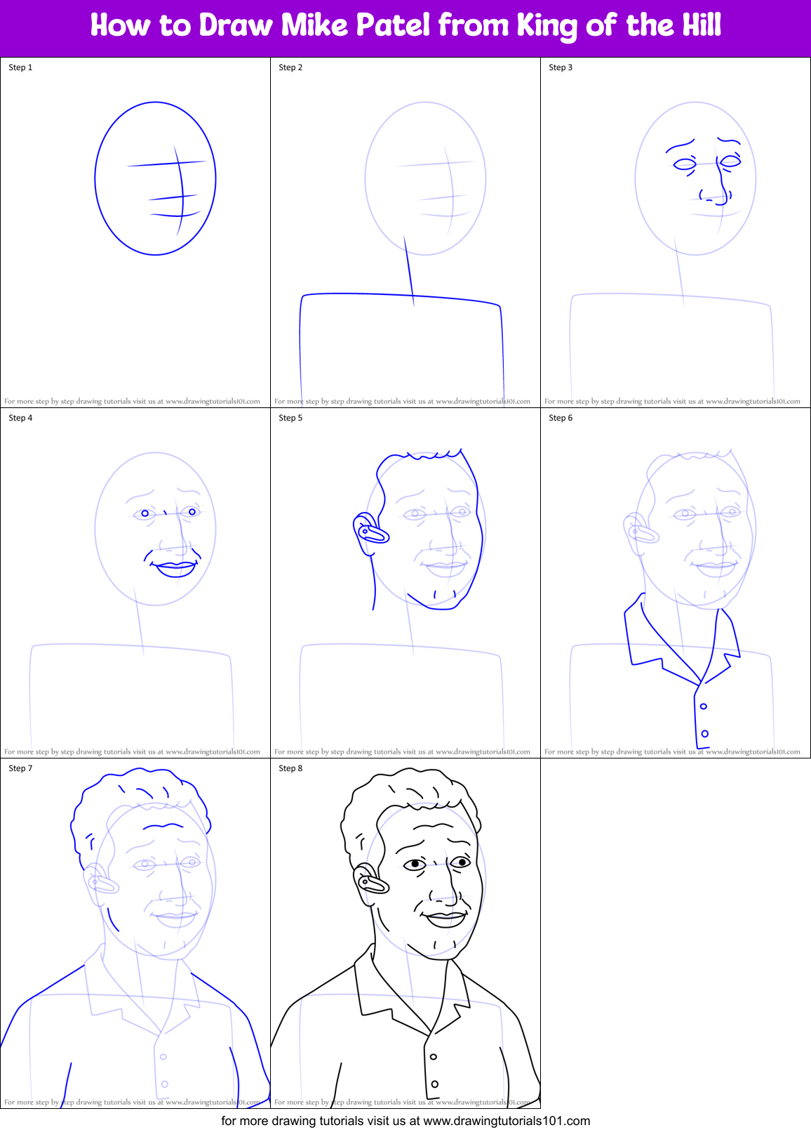 How to Draw Mike Patel from King of the Hill Printable Step by Step