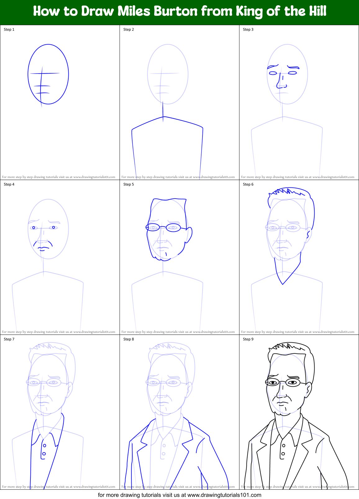 How to Draw Miles Burton from King of the Hill Printable Step by Step