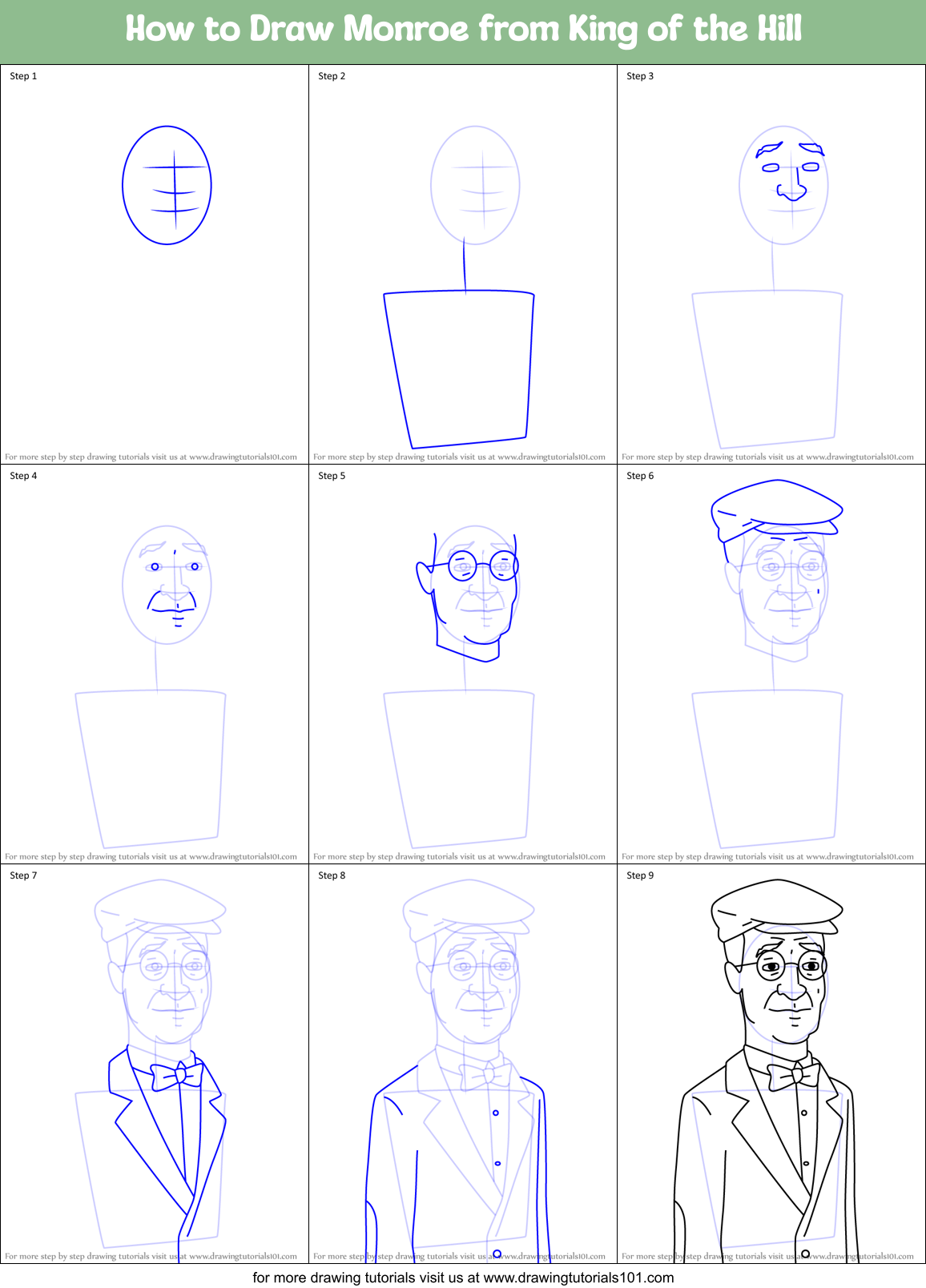 How to Draw Monroe from King of the Hill Printable Step by Step
